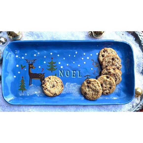 Reindeers Snow with the words NOEL/Blue Rectangular Serving Dish or Jewelry Dish - Picture 2 of 10